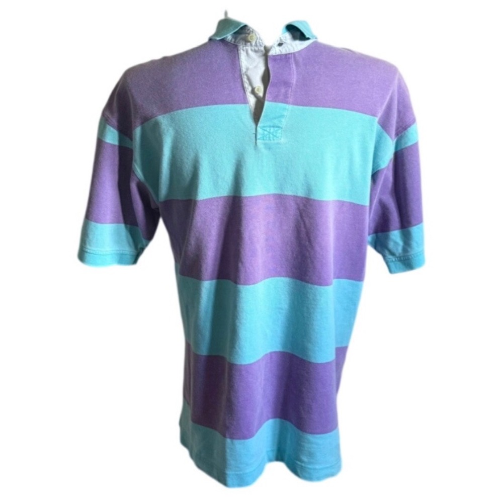 Vintage Gap Mens Striped Rugby Shirt Short Sleeve Purple Turquoise Size Large